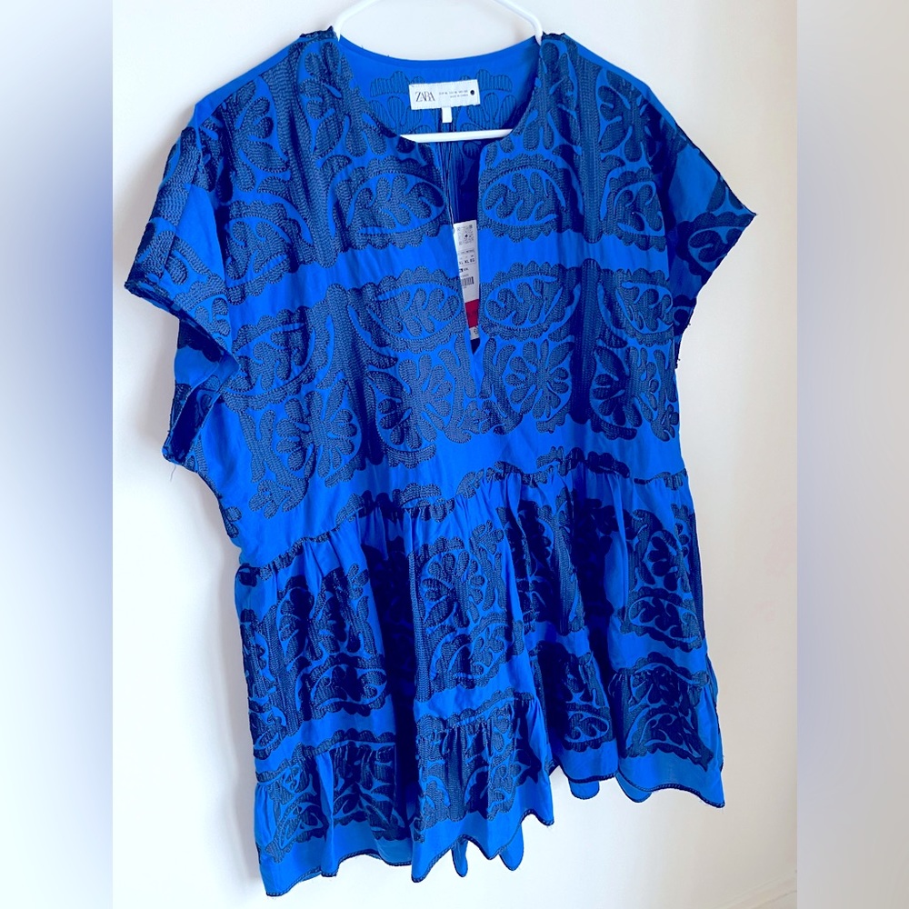Zara embroidered blue and black mini dress